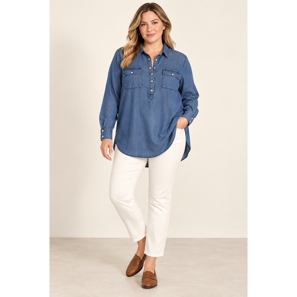 A New Day Chambray Tunic Shirt XL Tagged XXL Blue Lyocell Pullover Pockets